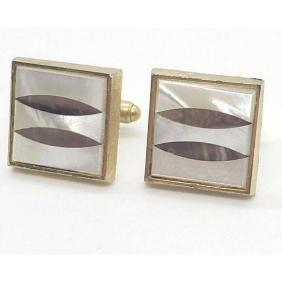 Vintage CuffLinks Gold Metal Abalone Mother of Pearl Inlaid Dante - Picture 1 of 6
